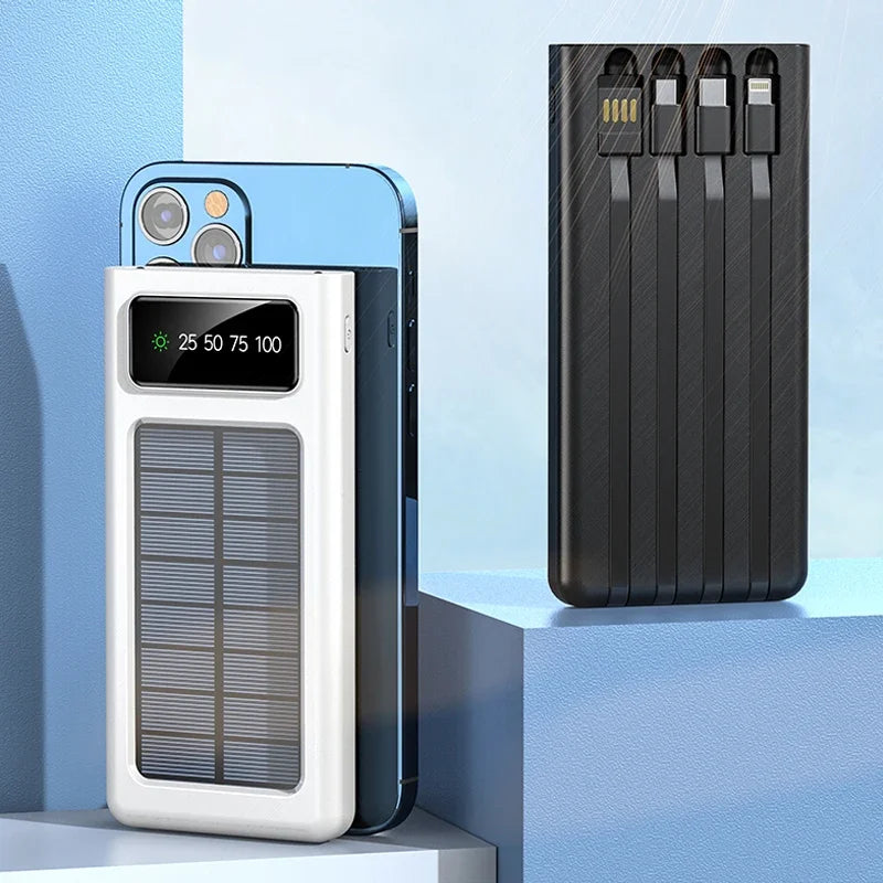 Solar PowerBank 30000mAh Solar Battery Large Capacity Two-way Fast Charging Built-in Cable Power Bank External Battery Portable