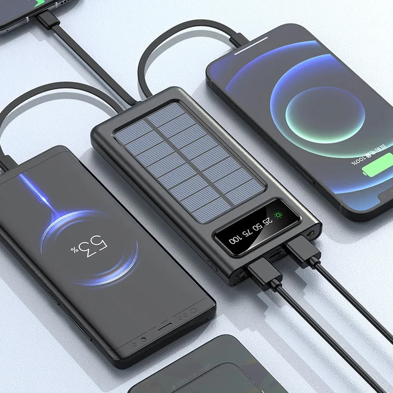 Solar PowerBank 30000mAh Solar Battery Large Capacity Two-way Fast Charging Built-in Cable Power Bank External Battery Portable