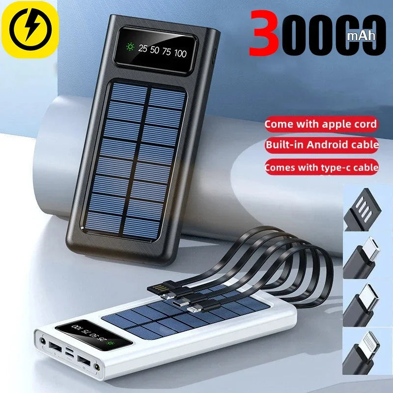 Solar PowerBank 30000mAh Solar Battery Large Capacity Two-way Fast Charging Built-in Cable Power Bank External Battery Portable