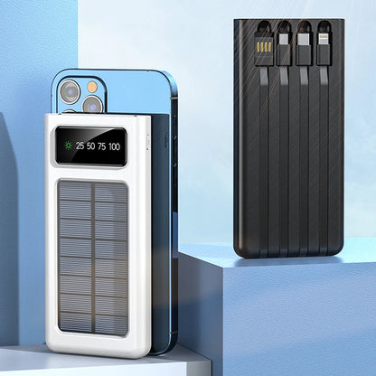 New Solar Power Bank 200000mAh Solar Battery Large Capacity Two-way Fast Charging Built-in Cable Power Bank External Battery