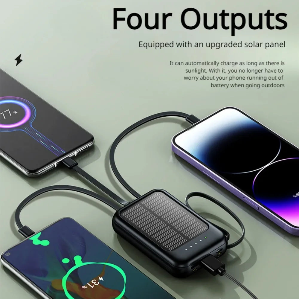 Powerbank External Solar Cells 10000mAh Big Capacity Fast Charging Phone Charger with 3 Built-in Cables Outdoor Power Bank Mini