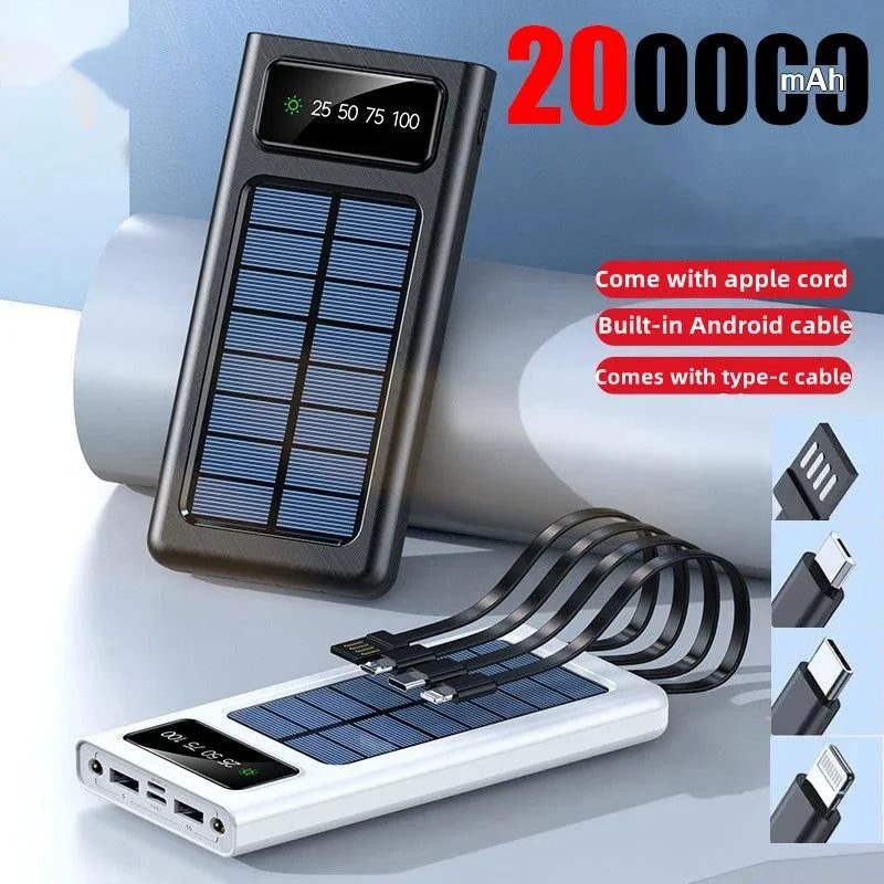 New Solar Power Bank 200000mAh Solar Battery Large Capacity Two-way Fast Charging Built-in Cable Power Bank External Battery