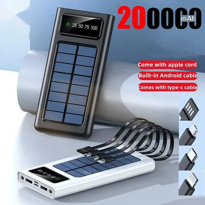 New Solar Power Bank 200000mAh Solar Battery Large Capacity Two-way Fast Charging Built-in Cable Power Bank External Battery