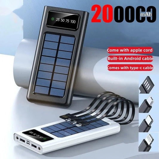 New Solar Power Bank 200000mAh Solar Battery Large Capacity Two-way Fast Charging Built-in Cable Power Bank External Battery