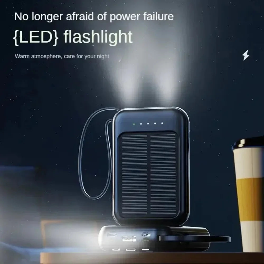 Powerbank External Solar Cells 10000mAh Big Capacity Fast Charging Phone Charger with 3 Built-in Cables Outdoor Power Bank Mini