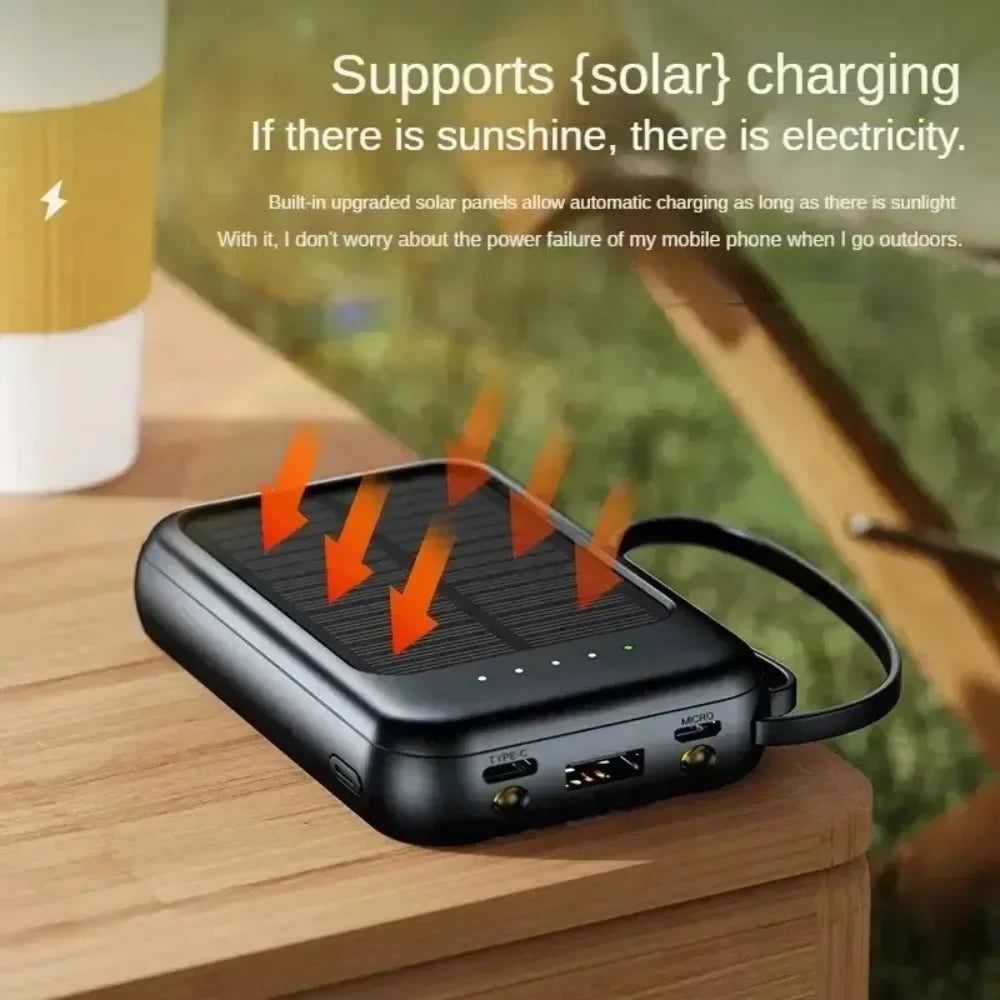 Powerbank External Solar Cells 10000mAh Big Capacity Fast Charging Phone Charger with 3 Built-in Cables Outdoor Power Bank Mini