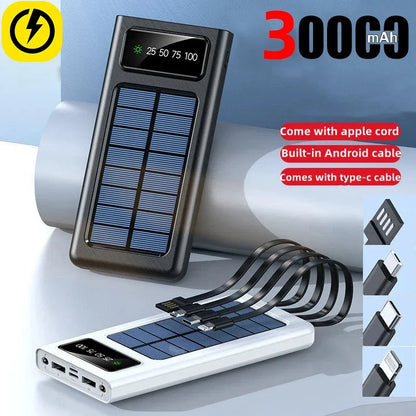 Solar PowerBank 30000mAh Solar Battery Large Capacity Two-way Fast Charging Built-in Cable Power Bank External Battery Portable