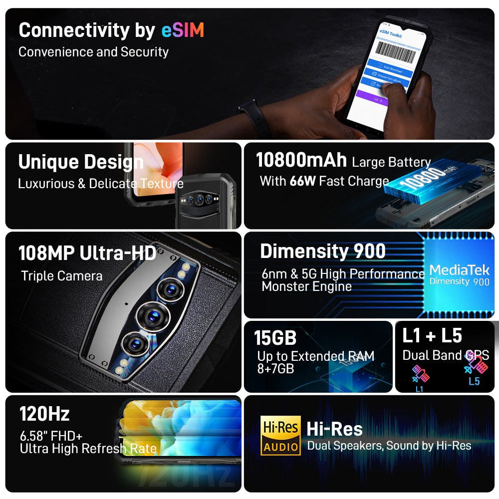 DOOGEE V30 eSIM Dual Speakers 5G Rugged Phone 8+256GB Dimensity 900 Wifi 6 Soc 6nm 6.58"FHD 120Hz Display 108MP Camera 10800mAh