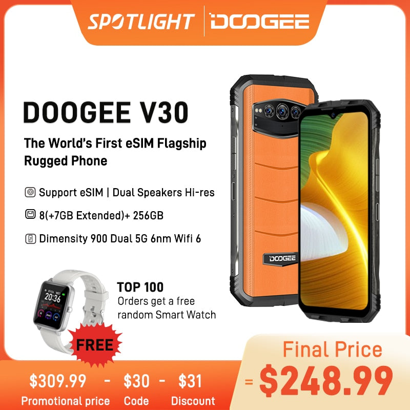 DOOGEE V30 eSIM Dual 5G  Rugged Phone 6.58&quot;FHD 120Hz Display Dimensity 900 6nm Dual Speakers 8+256GB 108MP Camera 10800mAh Phone