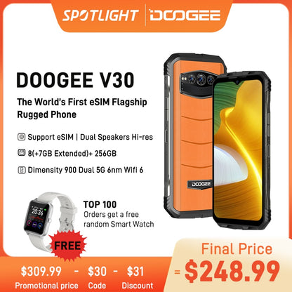 DOOGEE V30 eSIM Dual 5G  Rugged Phone 6.58&quot;FHD 120Hz Display Dimensity 900 6nm Dual Speakers 8+256GB 108MP Camera 10800mAh Phone