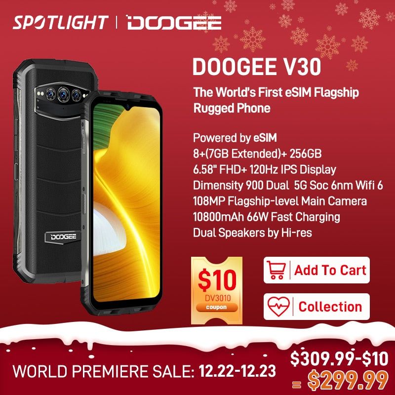 DOOGEE V30 eSIM Dual Speakers 5G Rugged Phone 8+256GB Dimensity 900 Wifi 6 Soc 6nm 6.58"FHD 120Hz Display 108MP Camera 10800mAh